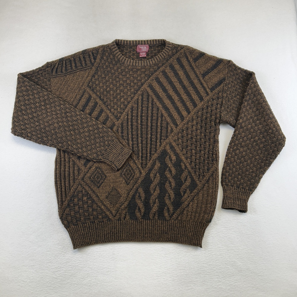 Vintage Cambridge Classics Sweater Mens Large Brown Geometric Knit Italy 90s
